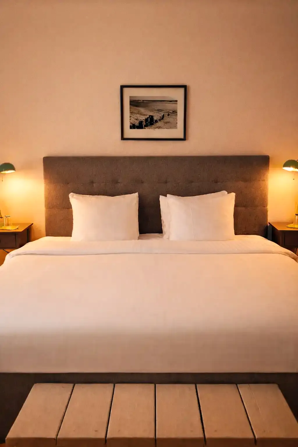 Ljust och stilrent hotellrum med bäddad säng